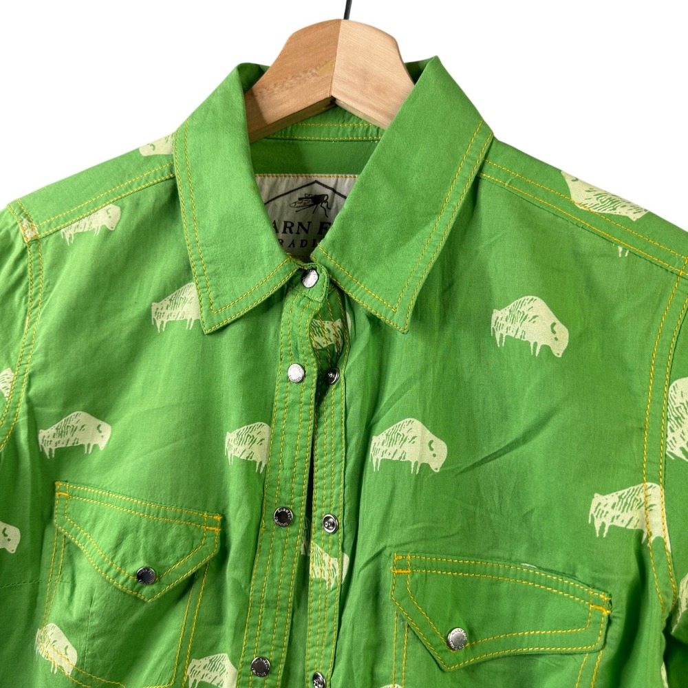Barn Fly Trading Lime Green Buffalo Print Western Snap Shirt Womens Small WL400B
